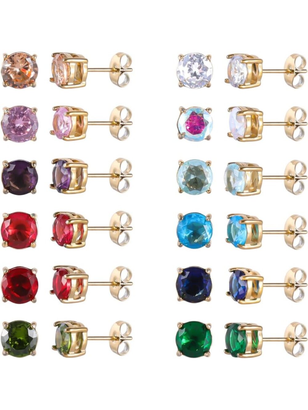 12 Pairs Multi-Colored Birthstone Stud Earrings Set - Surgical Stainless Steel